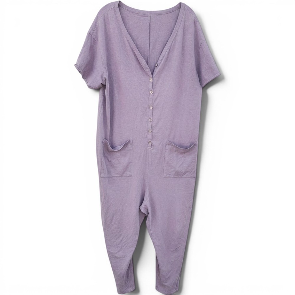 Boho Slouchy Button Front One Peice Jumpsuit Purple Gray Lounge Comfy XL Easy